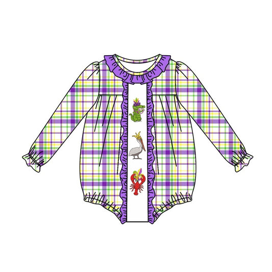 LR2048 Newborn Baby Girls Mard Gras Gingham Romper Preorder