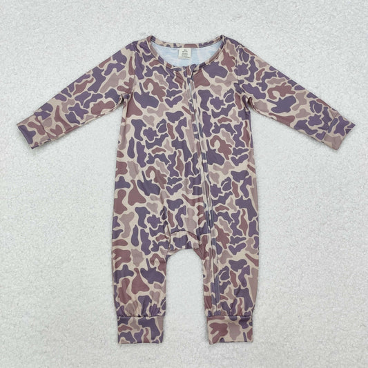 Newborn Baby Boys Ligth Brown Camo Long Sleeve Bamboo Zipper Romper