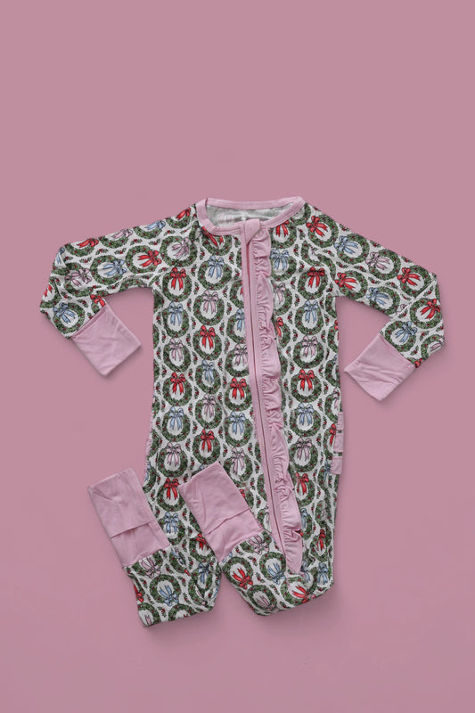 LR2059 Newborn Baby Girls Christmas Holly Ruffle Zipper Romper Preorder