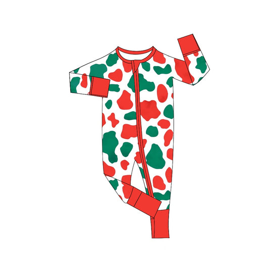 LR2060 Newborn Baby Boys Red Green Cow Print Zipper Romper Preorder