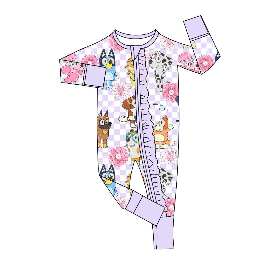 LR2075Newborn Baby Girls Cartoon Dog Purple Ruffle Zipper Romper Preorder