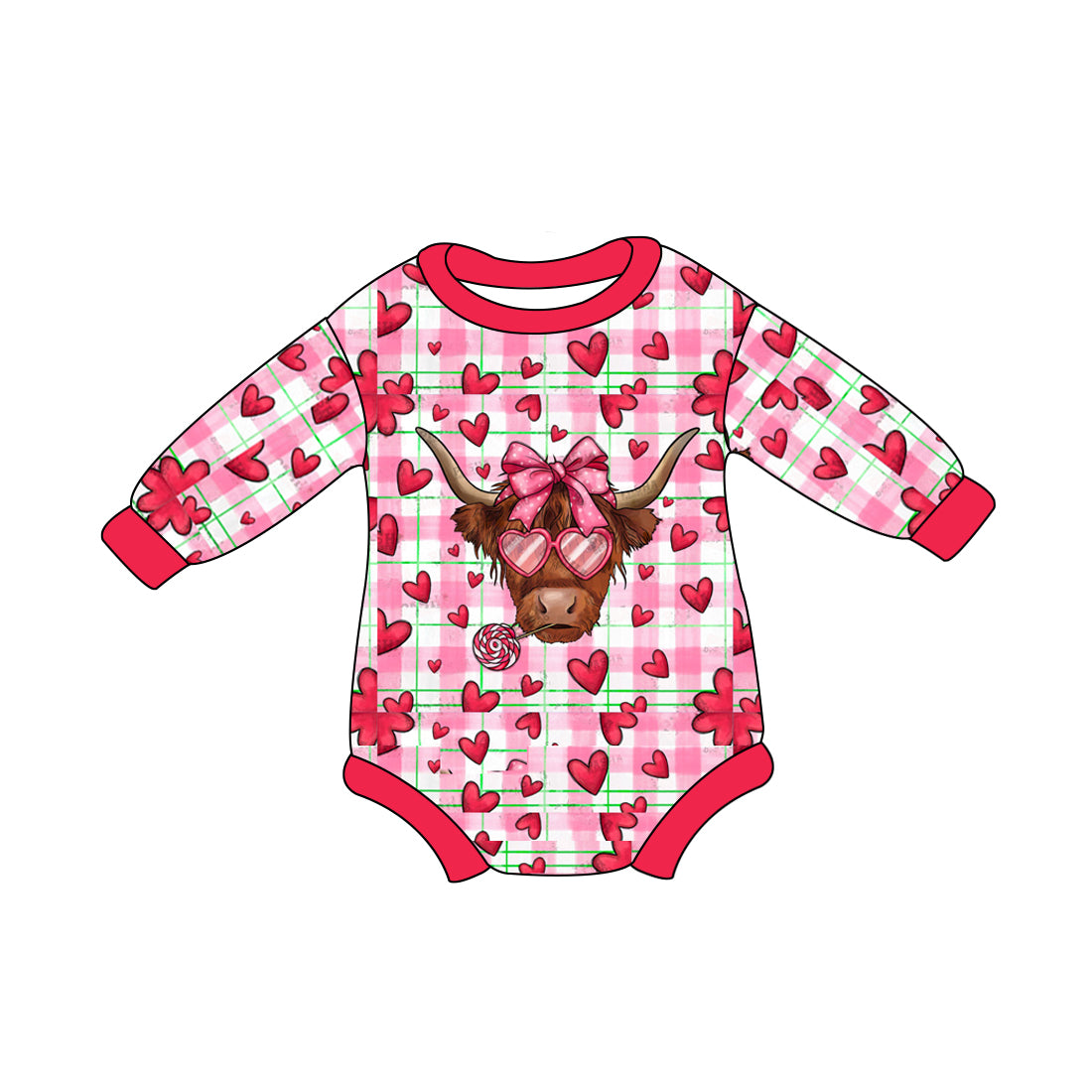 Sibling Baby Girls Heart Highland Cow Top and Rompe Preorder