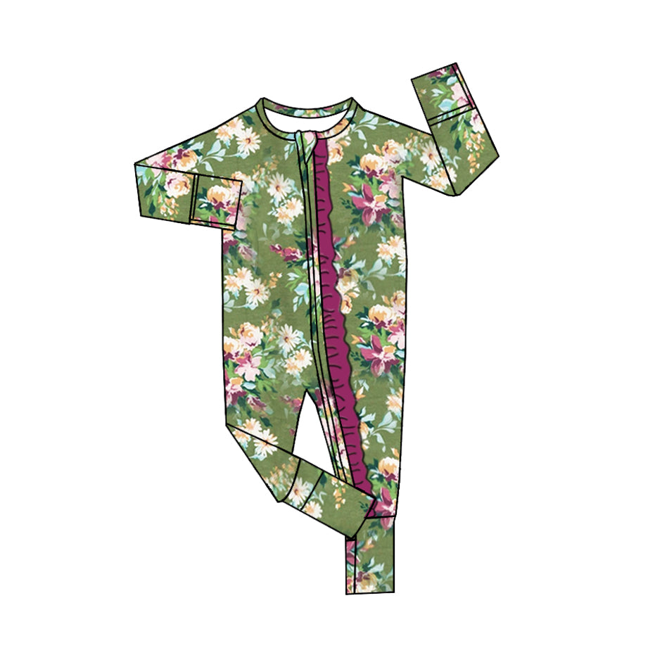 LR2130 Newborn Baby Girls Floral Long Sleeve Zipper Romper Preorder