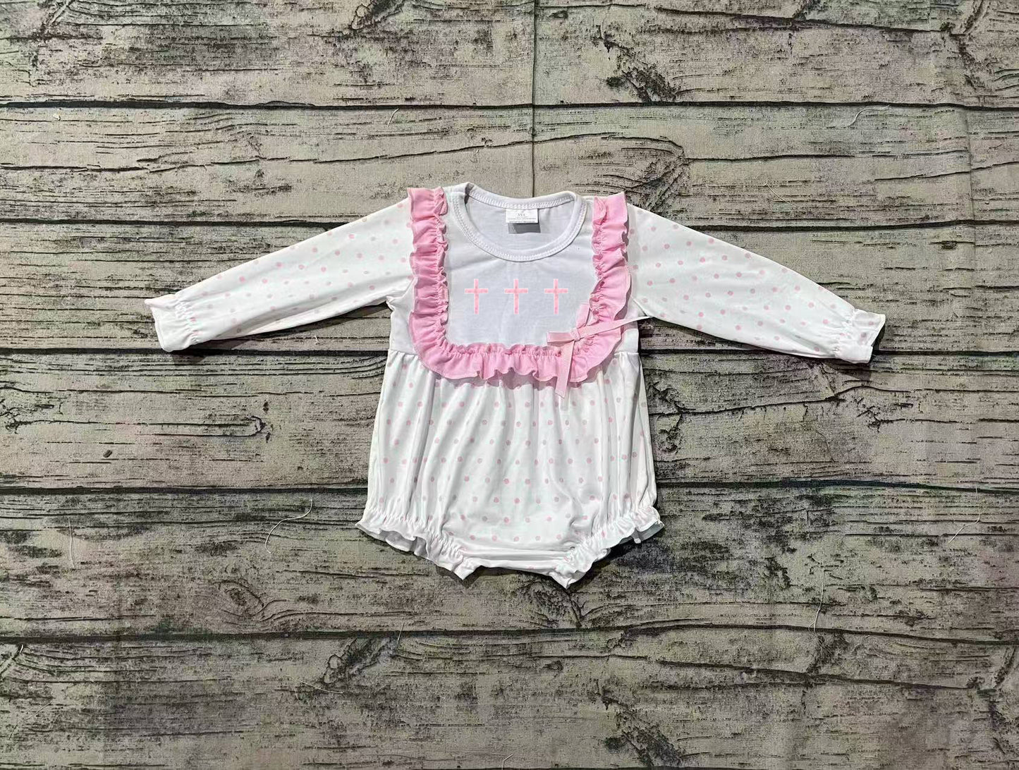 Newborn Baby Girls Pink Embroidery Cross Dot Long Sleeve Romper Preorder