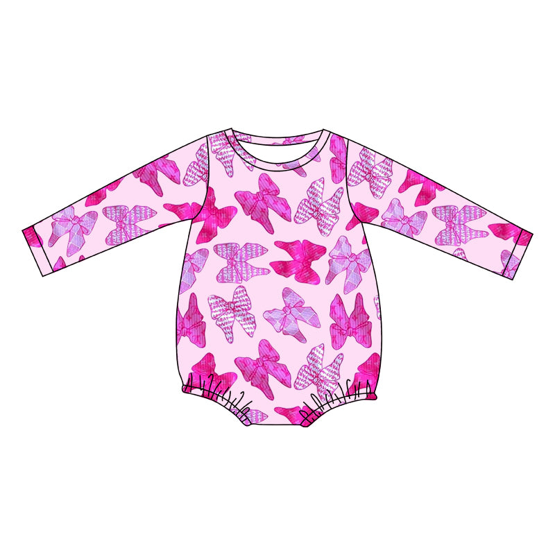 Baby Girls Hot Pink Long Sleeves Bows Print Valentines Romper Preorder