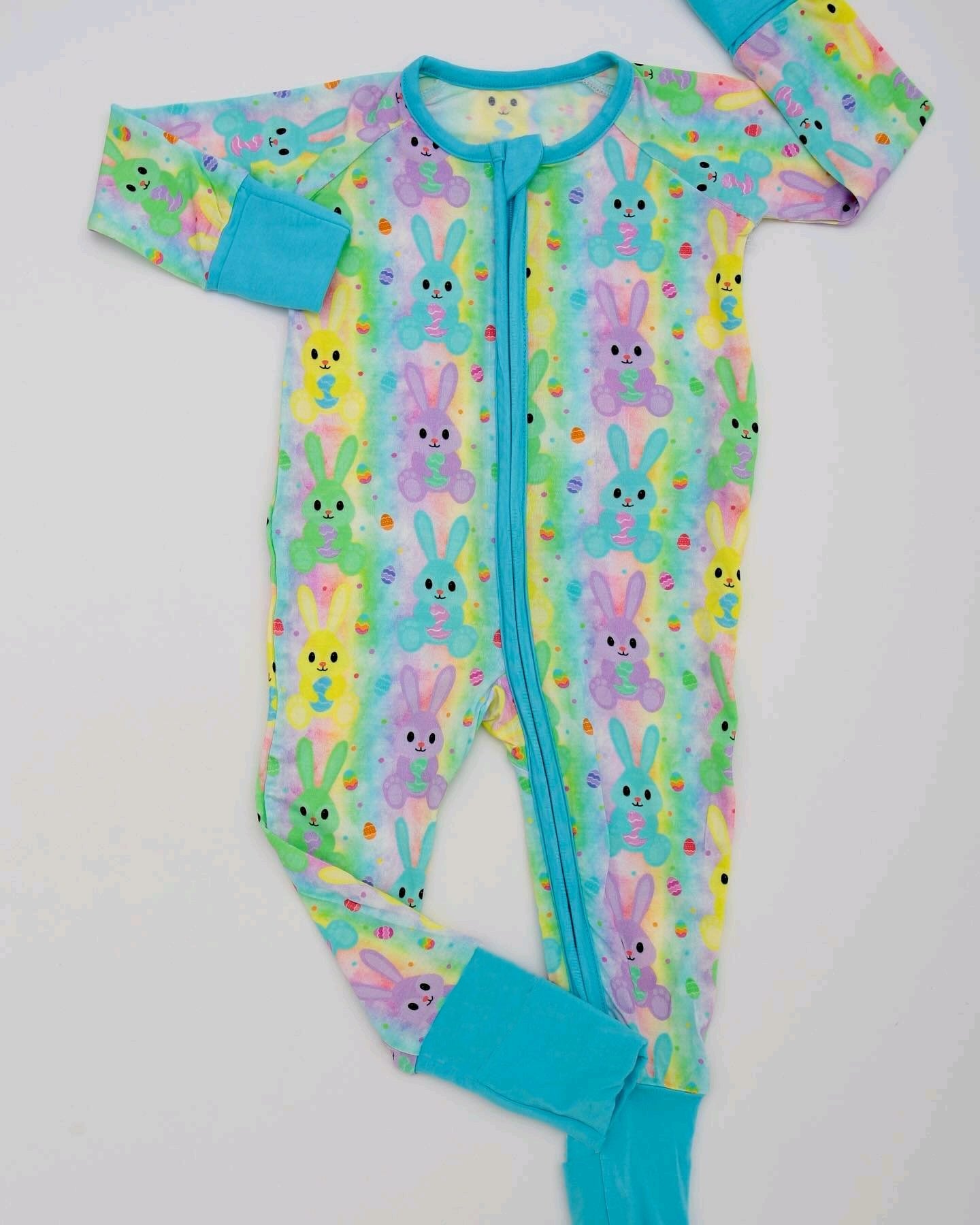 Baby Boys Aqua Long Sleeves Leopard Bunny Print Easter Zipper Romper Preorder