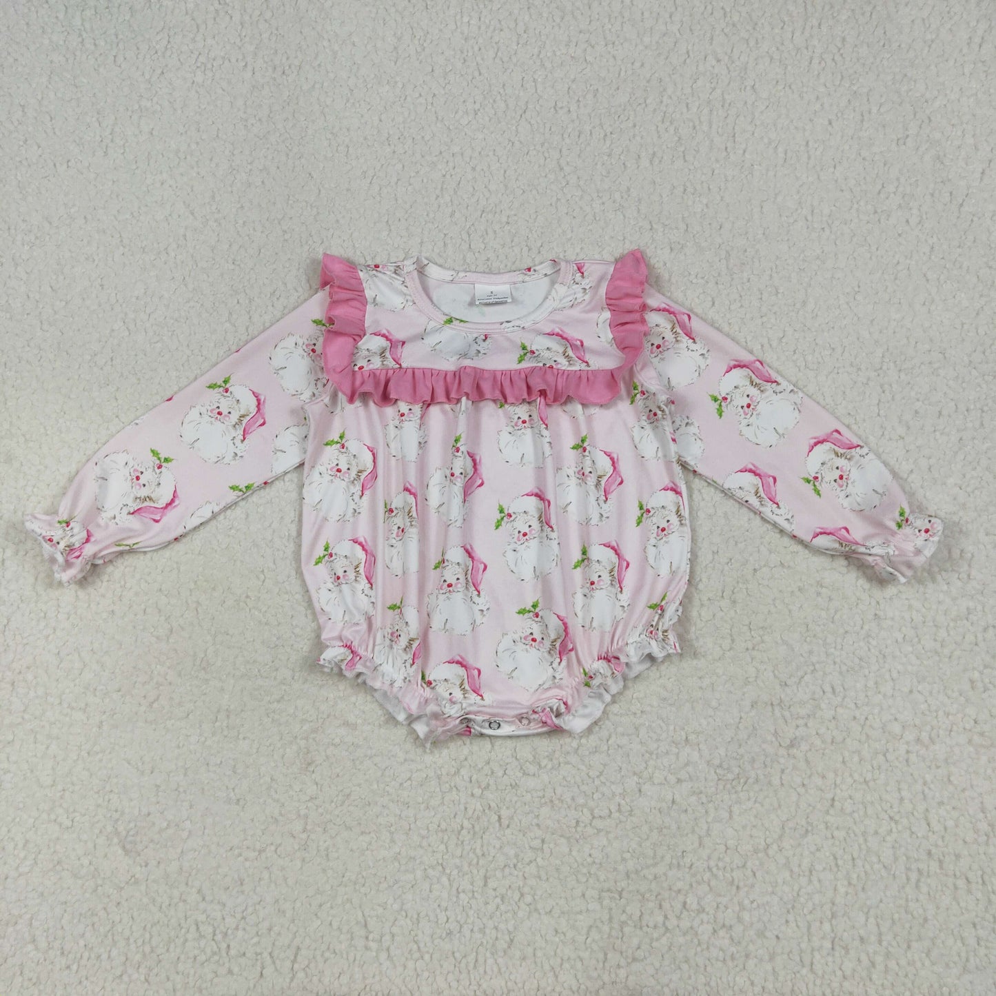 LR2208 Baby Girls Christmas Pink Santa  Long Sleeve Bubble Romper