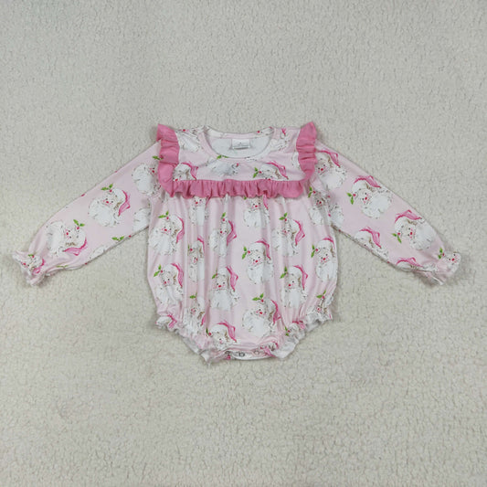 LR2208 Baby Girls Christmas Pink Santa  Long Sleeve Bubble Romper