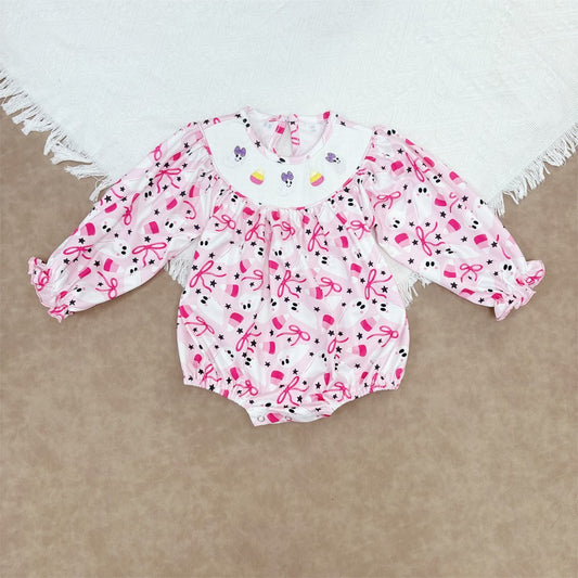 LR2216 Baby Girls   Embroidery Ghost Candy Corn Pink Bow Long Sleeve Bubble Romper
