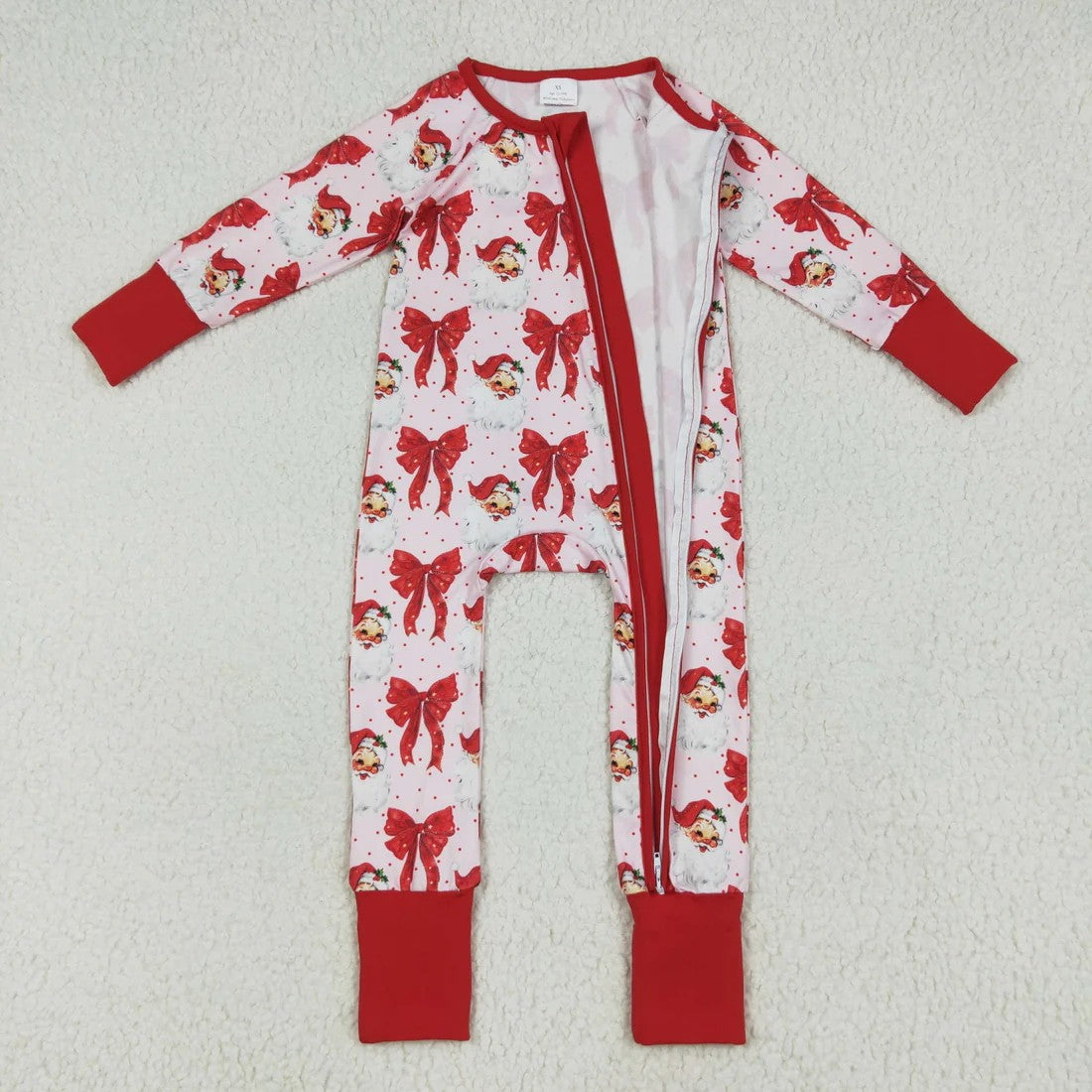 Sibling Baby Girls Red Bows Santa Christmas Zipper Footie Rompers Button Fur Pajamas Sets