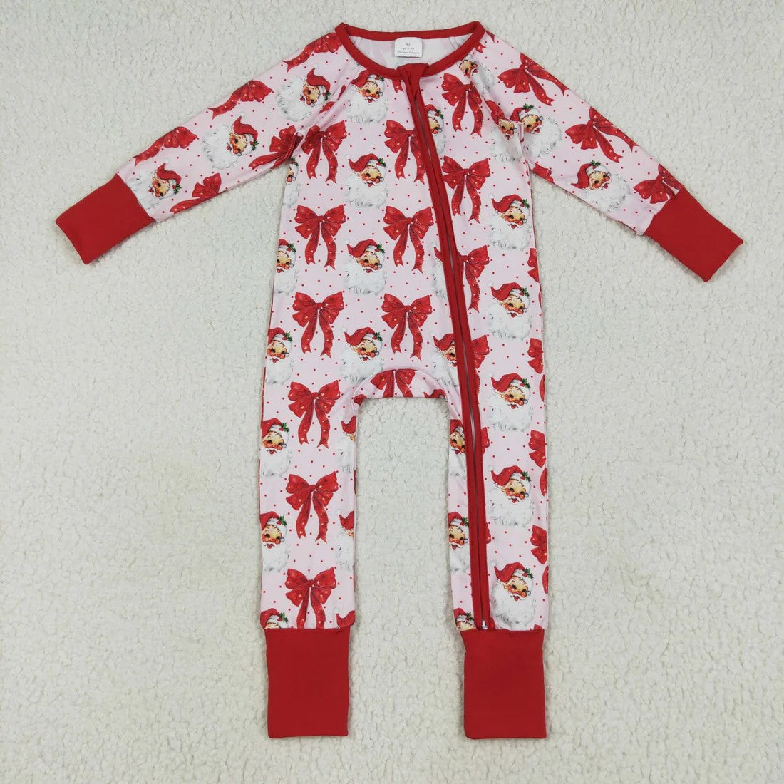 Sibling Baby Girls Red Bows Santa Christmas Zipper Footie Rompers Button Fur Pajamas Sets