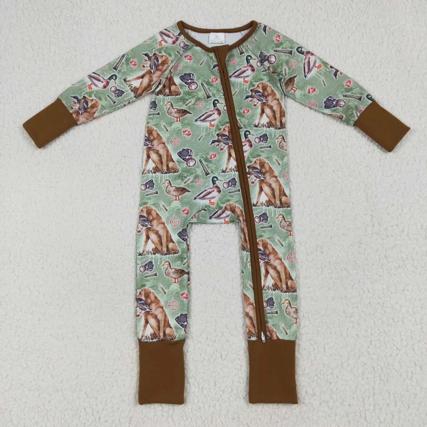 Sibling Baby Girls or Boys Hunting Camo Duck Long Sleeve Two Way Zipper Convertible Rompers