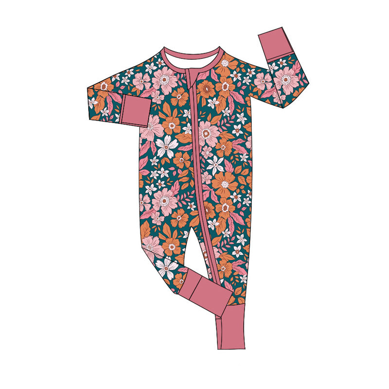 LR2244 Baby Girls Fall Floral Long Sleeve Zip Romper Preorder
