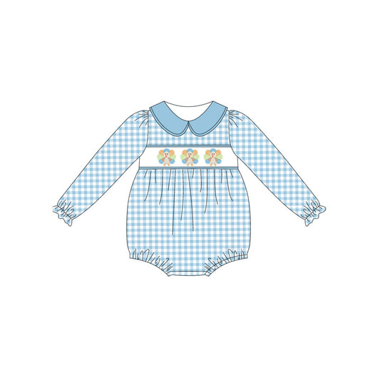 LR2245 Baby Girls Thanksgiving Turley Blue Gingham Romper Preorder