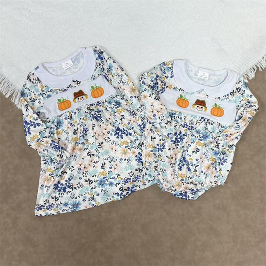 Sibling Embroidery  Pumpkin Scarecrow Floral Dress +Rompers