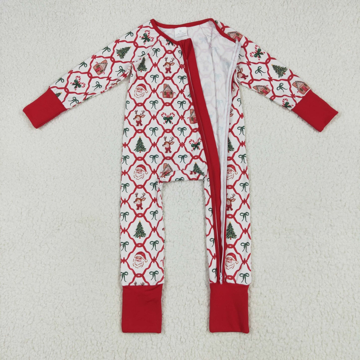 Baby Girls Sibling Christmas Trellis Bow Santa Tree Long Sleeve Pajama Set /Zipper Romper