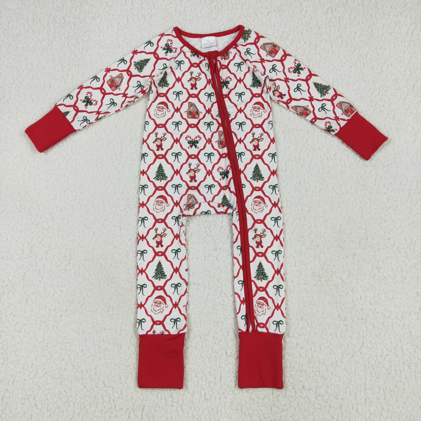 Baby Girls Sibling Christmas Trellis Bow Santa Tree Long Sleeve Pajama Set /Zipper Romper
