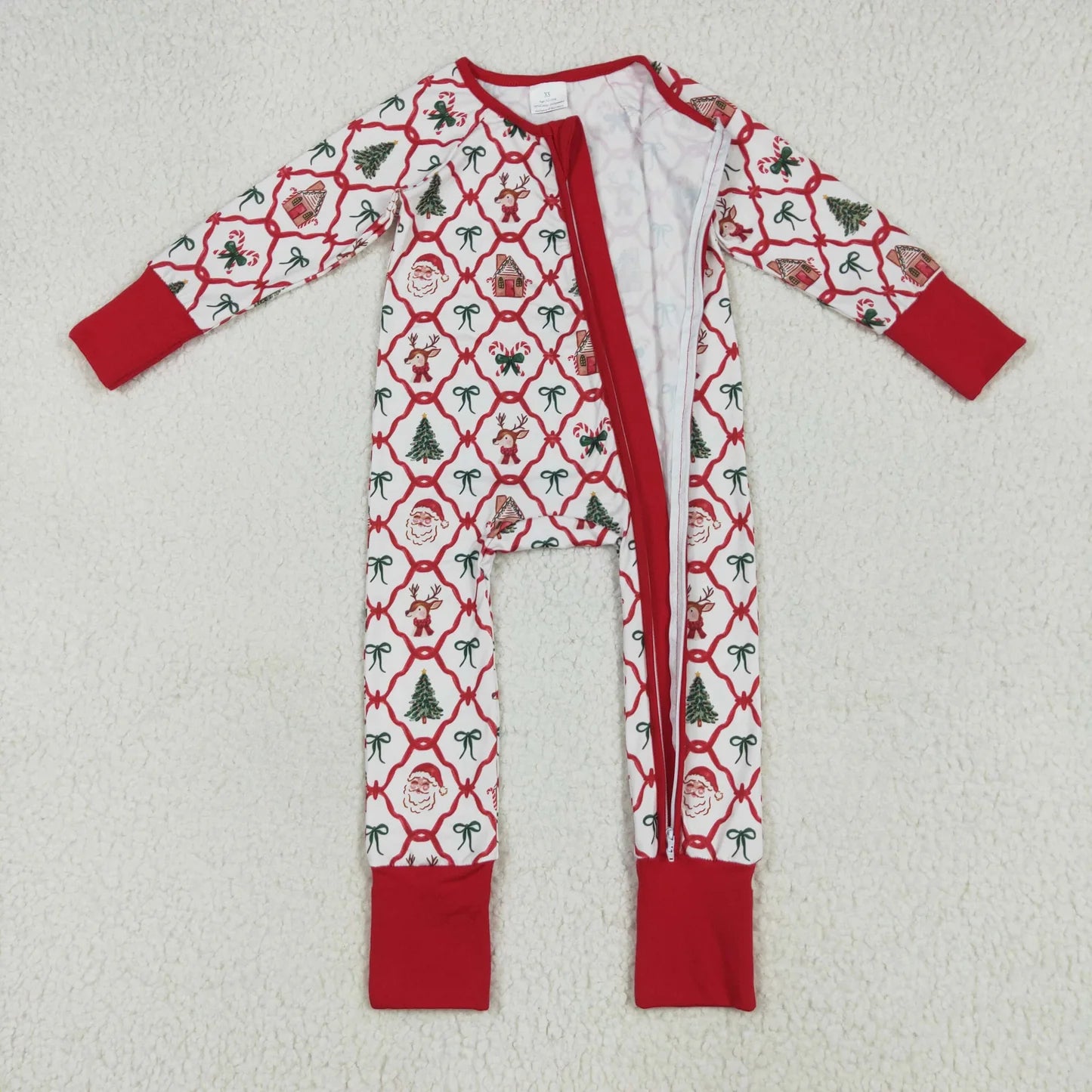 Family Sibling Baby Kids Christmas Red Bows Santa Trees Checked Clothes Sets Rompers Blanked