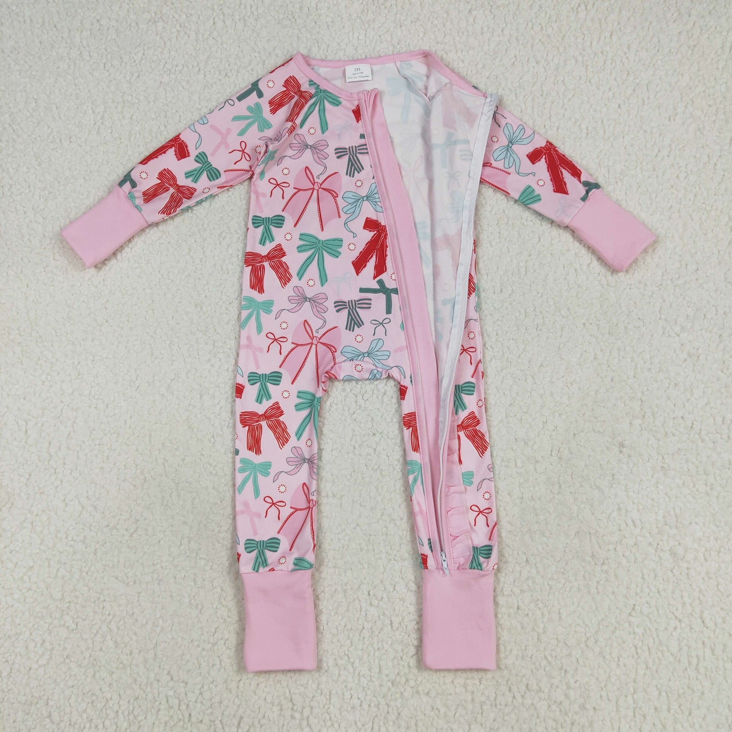 LR2266 Baby Girls  Christmas Red Green Long Sleeve Zip Romper