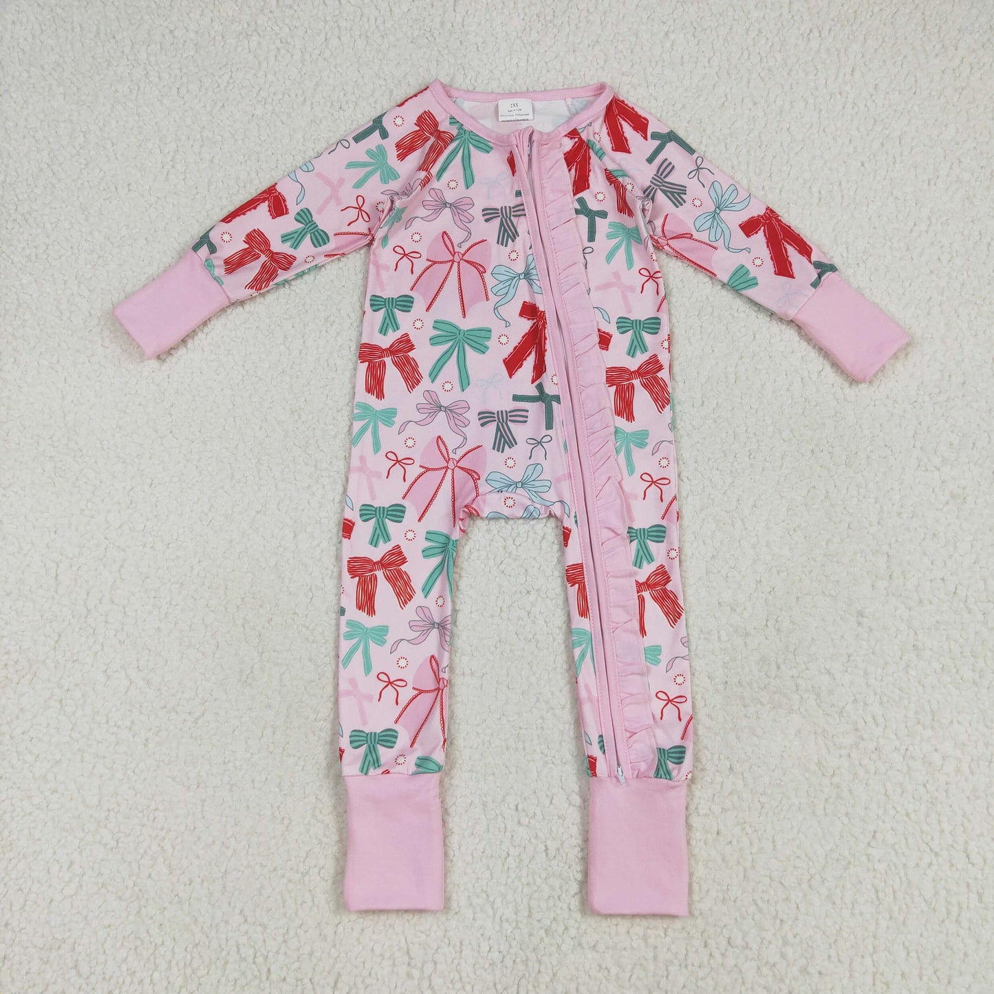 LR2266 Baby Girls  Christmas Red Green Long Sleeve Zip Romper