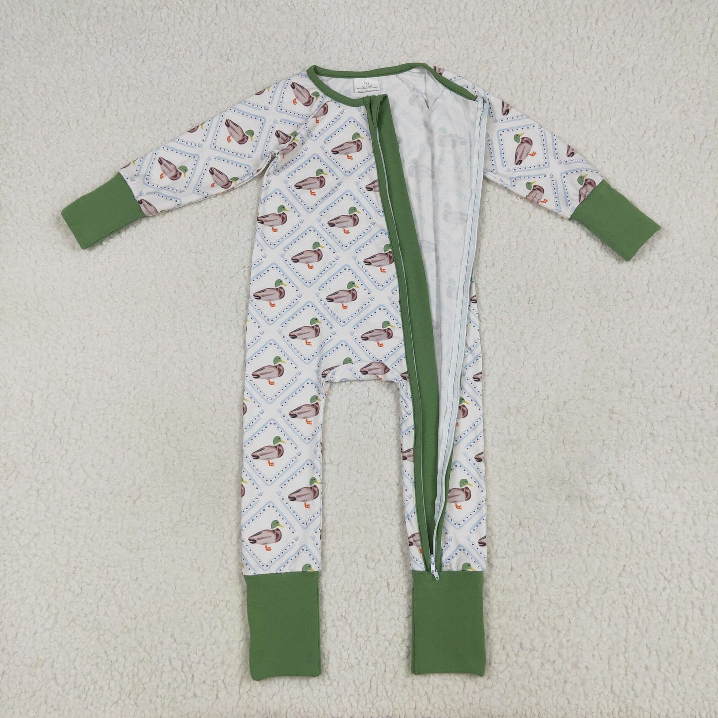 LR2269 Baby Boys Mallard Duck Long Sleeve Zip Romper