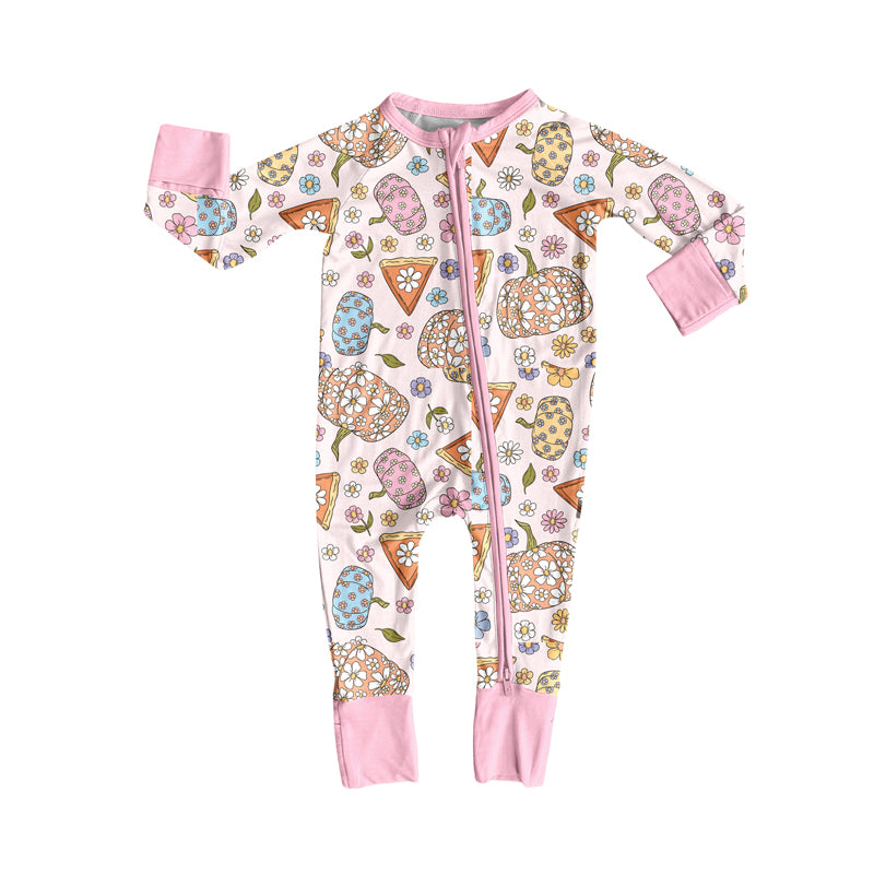 LR2272 Baby Girls Flowers Pumpkin Long Sleeve Zip Romper Preorder
