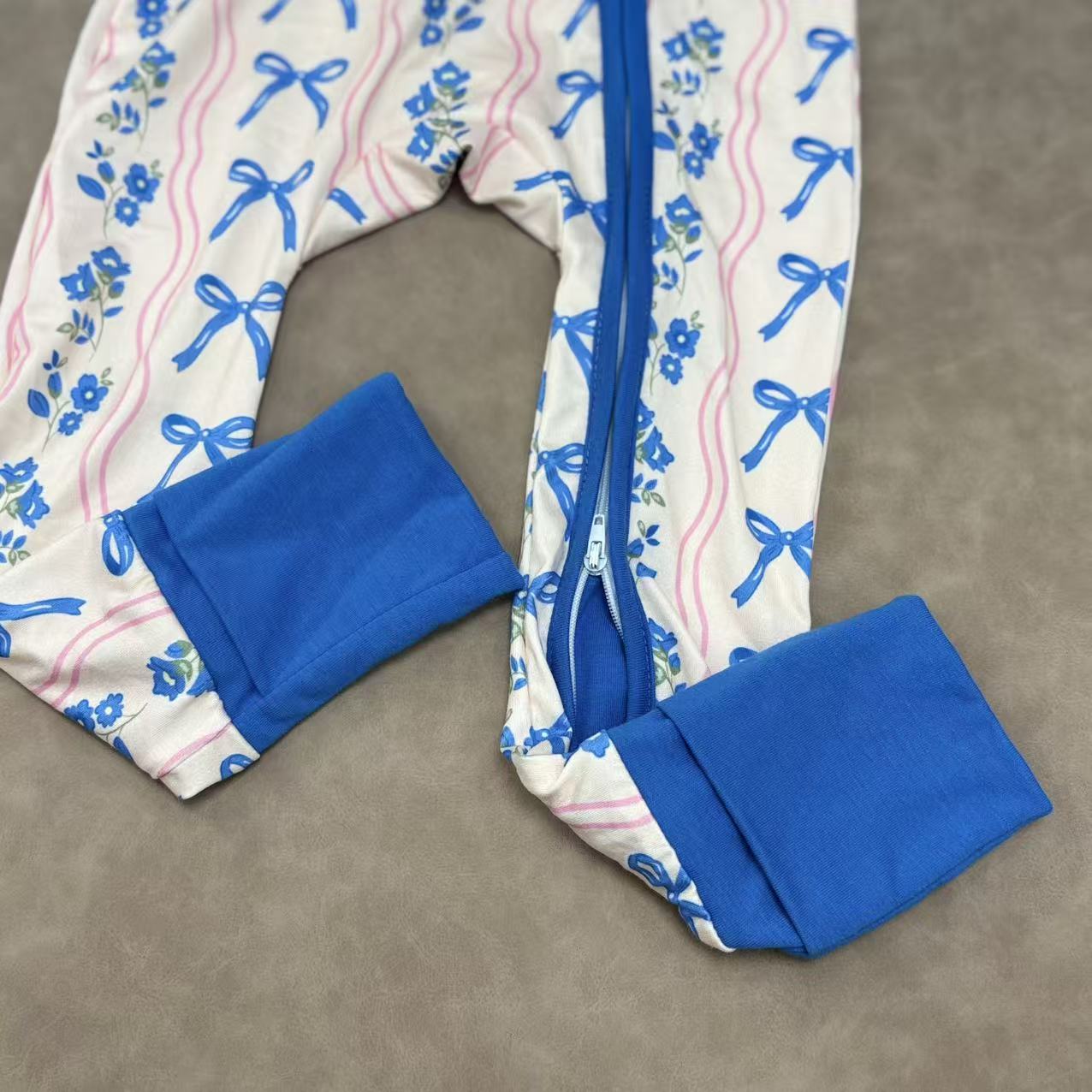 Baby Girls Sibling Blue Bows Short Sleeve Buttons Down Pajama Set /Zipper Footed Romper