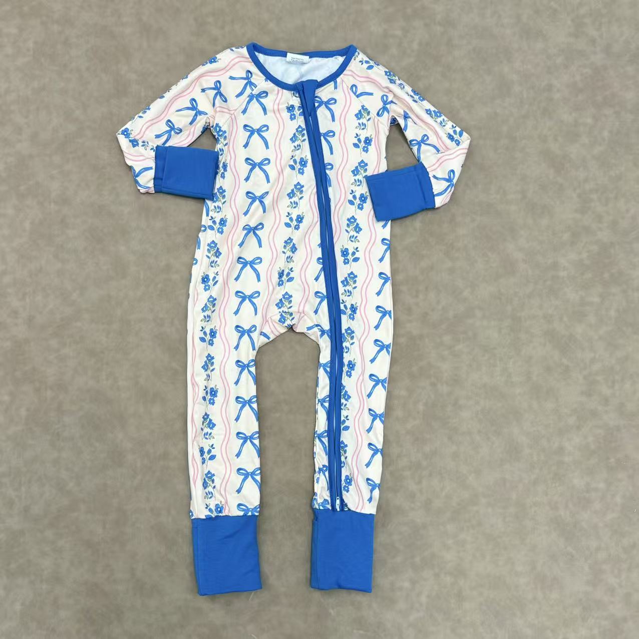 Baby Girls Sibling Blue Bows Short Sleeve Buttons Down Pajama Set /Zipper Footed Romper