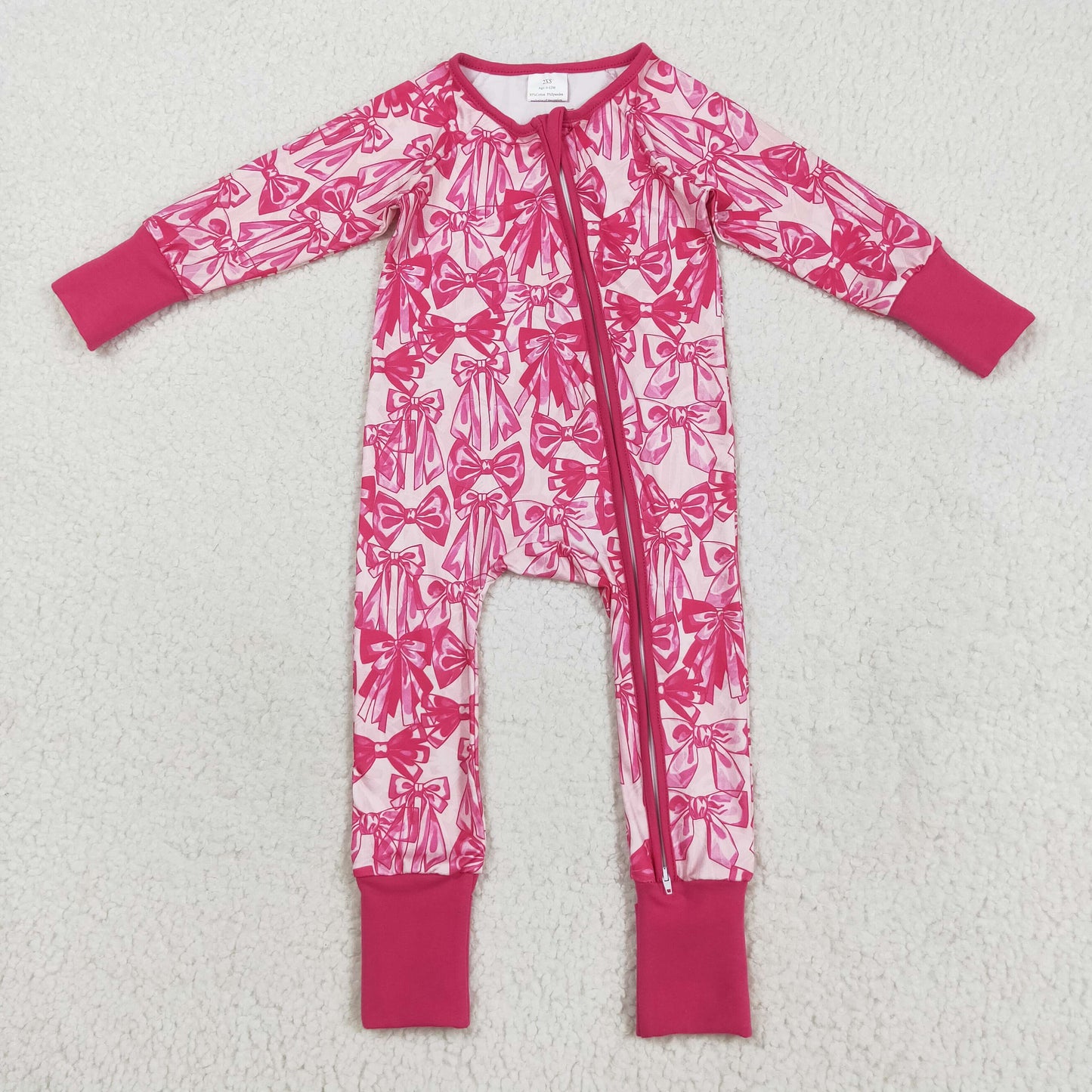 LR2365 Baby Boys pink Bow Long Sleeve Ziper Footie Romper