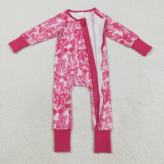 LR2365 Baby Boys pink Bow Long Sleeve Ziper Footie Romper