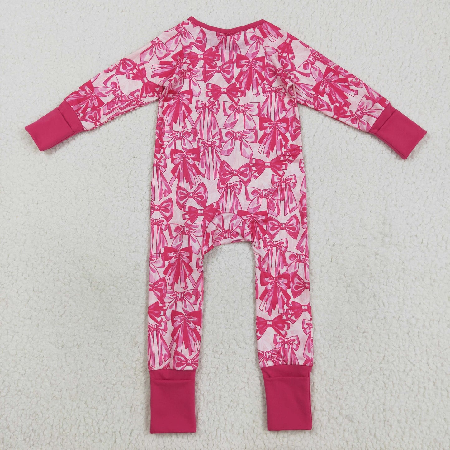 LR2365 Baby Boys pink Bow Long Sleeve Ziper Footie Romper