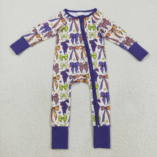 LR2403 Baby Girls Purple Bow Long Sleeve Zippy Romper