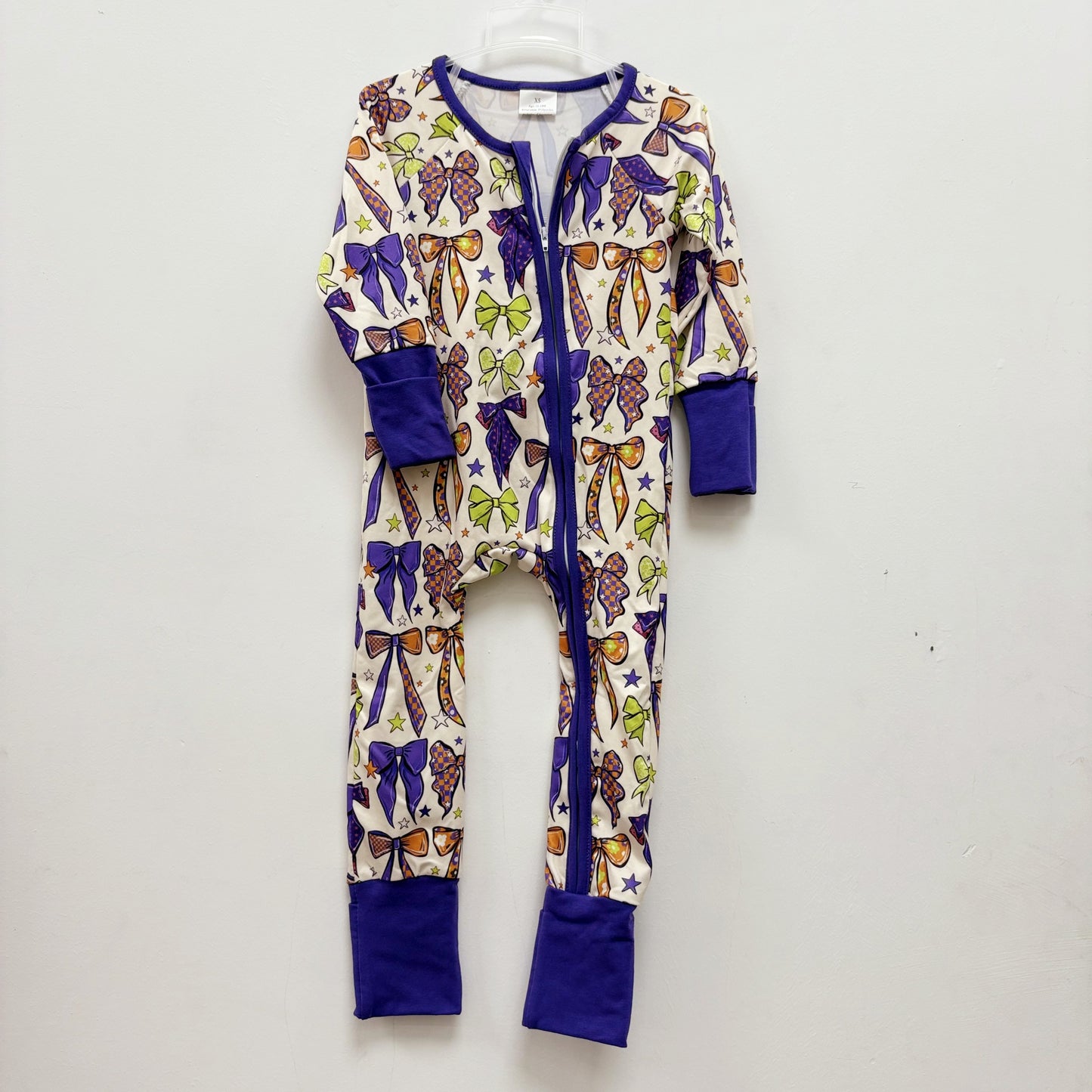 Baby Girls Sister Halloween Bow Long Sleeve Footed Romper With Zippy