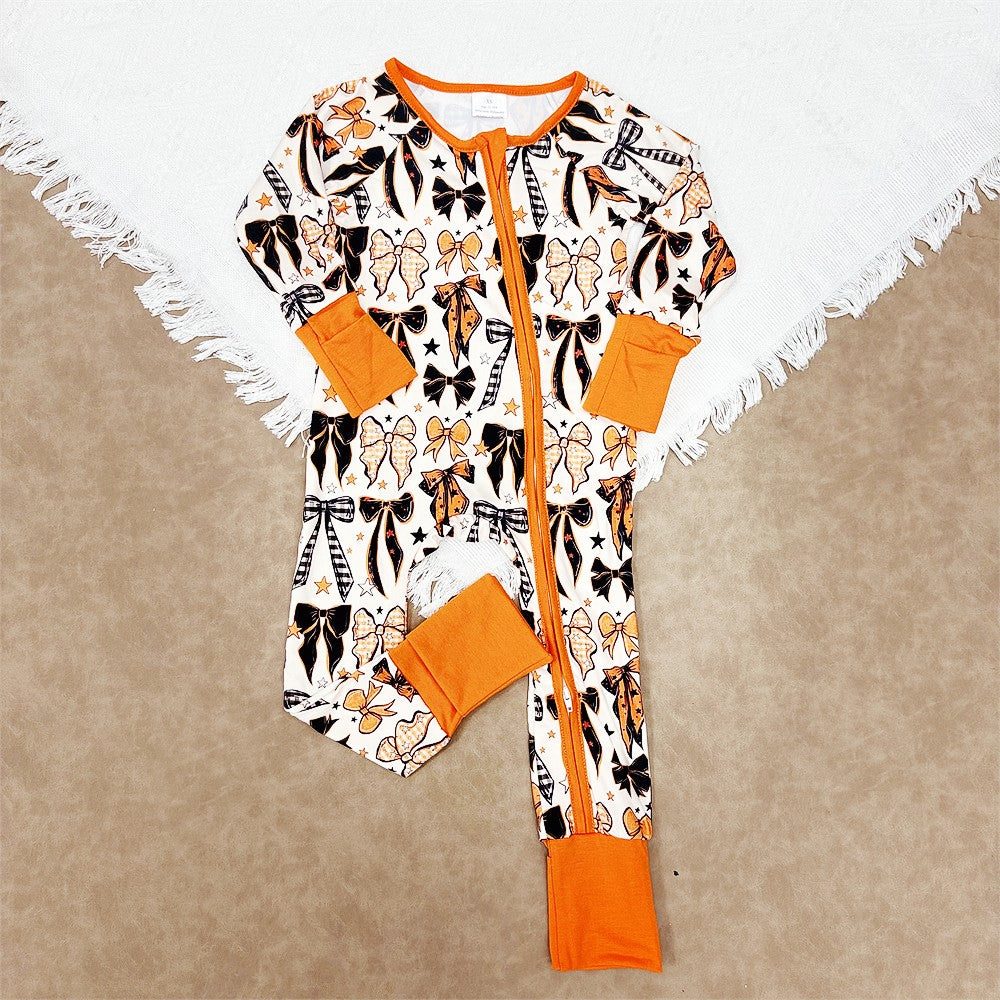Baby Girls Sister Halloween Bow Long Sleeve Footed Romper With Zippy