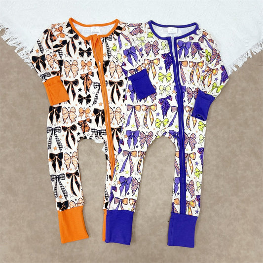 Baby Girls Sister Halloween Bow Long Sleeve Footed Romper With Zippy