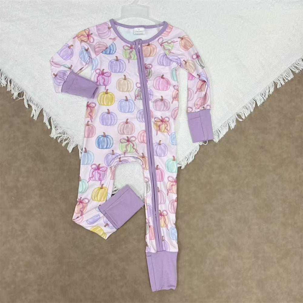 Baby Sibling Girls Fall Pumpkin Long Sleeve Footed Romper With Zippy