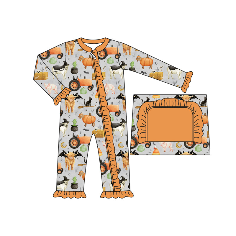 LR2443 Bbay Girls Halloween Highland Cow Romper Preorder