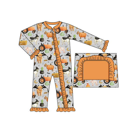 LR2443 Bbay Girls Halloween Highland Cow Romper Preorder
