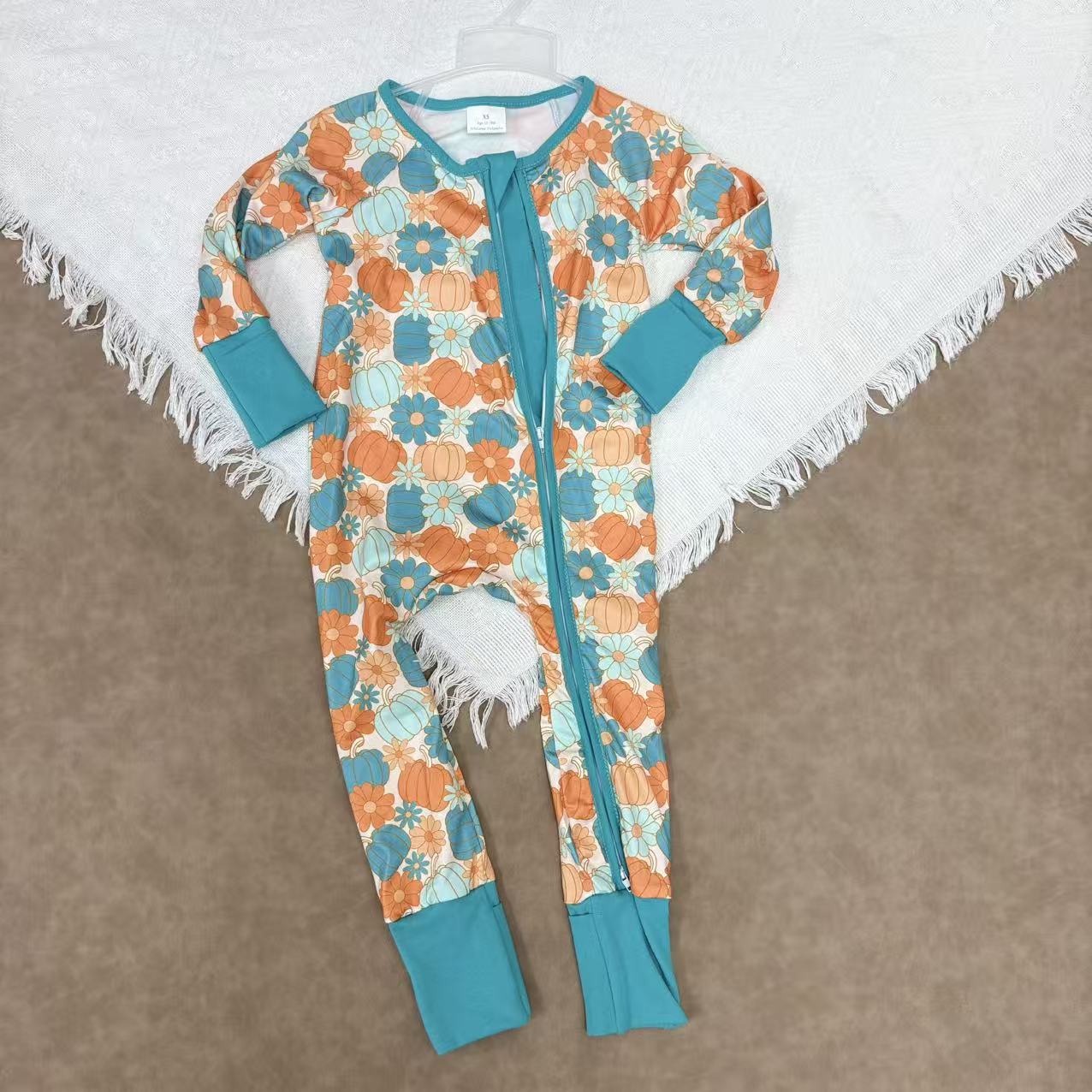 Baby Sibling Girls Fall Pumpkin Long Sleeve Footed Romper With Zippy