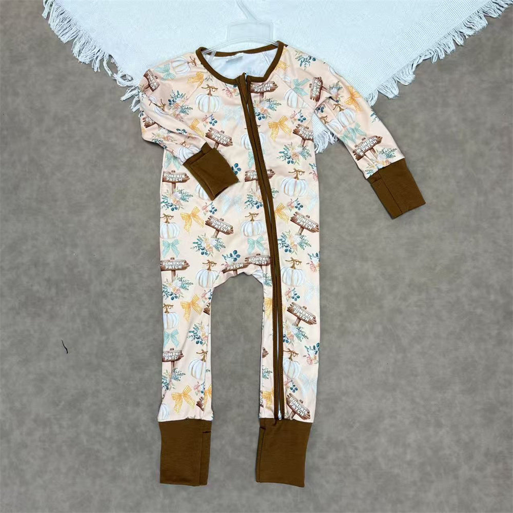 Baby Sibling Girls Fall Pumpkin Long Sleeve Footed Romper With Zippy
