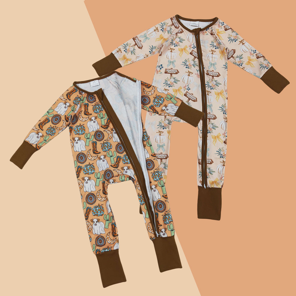 Baby Infant Fall Design Pumpkin Long Sleeve Footed Romper With Zippy