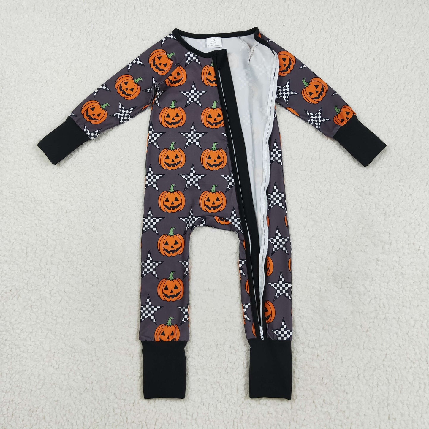 LR2464 Baby Boys Halloween Pumpkin Long Sleeve Zippy Footed Romper