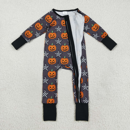 LR2464 Baby Boys Halloween Pumpkin Long Sleeve Zippy Footed Romper