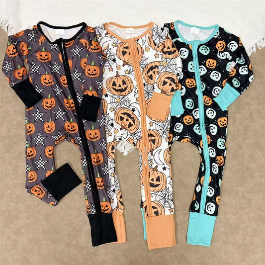 Baby Sibling Halloween Pumpkin Long Sleeve Footed Romper With Zippy