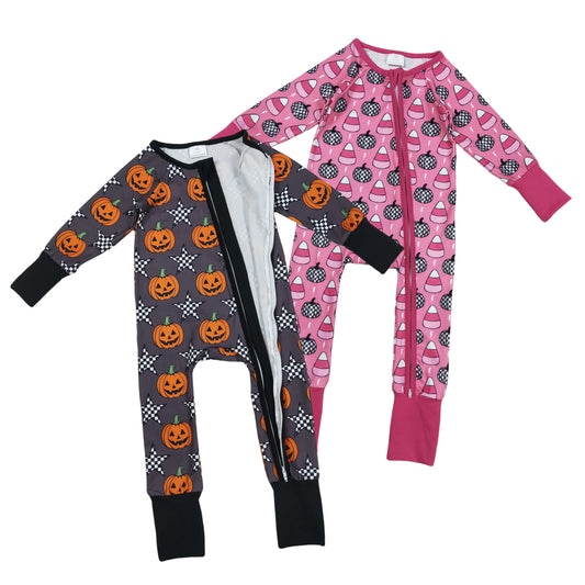 Baby Sibling Halloween Pumpkin Long Sleeve Zippy Footed Romper