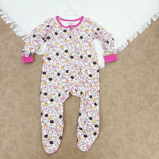 LR2506 Baby Girls Halloween Ghost Pumpkin Pink Long Sleeve Footed Romper