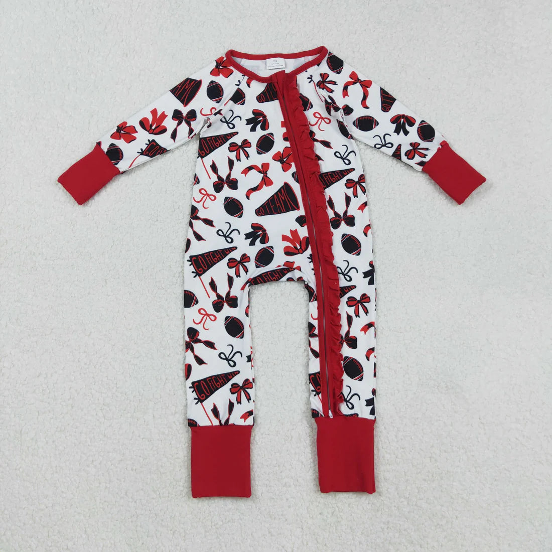 Sibling Baby Girls Long Sleeves Bows Footballs Go Team Ruffle Zipper Footie Rompers