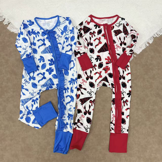 Baby Girls Sister Football Team Long Sleeve Zipper Footed Romper