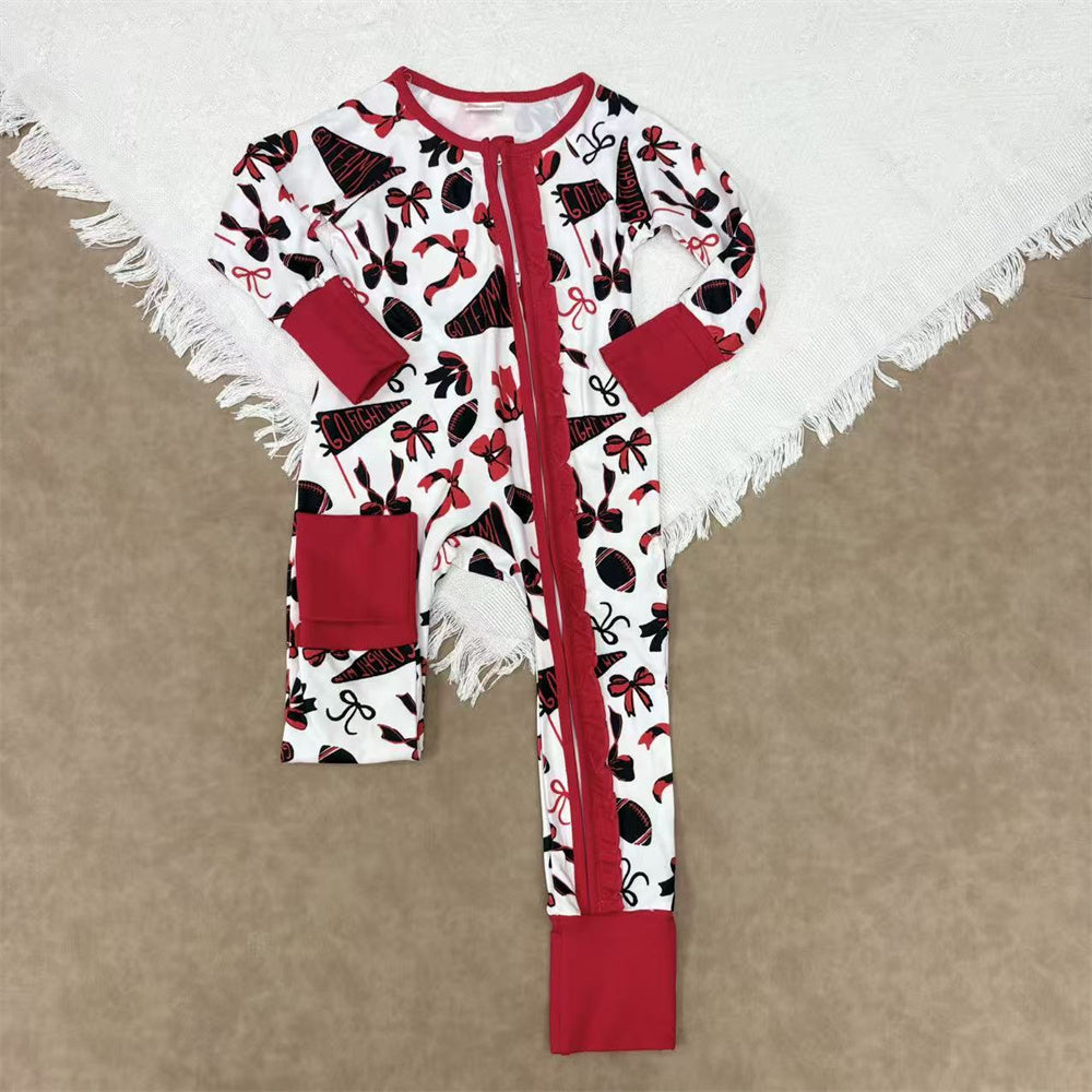 Baby Girls Sister Football Team Long Sleeve Zipper Footed Romper