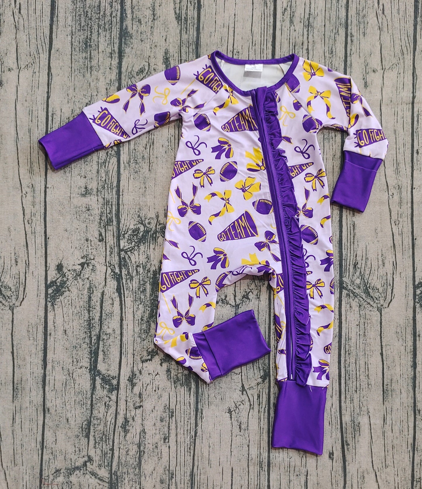 LR2513 baby girls football team purple zippy romper preorder